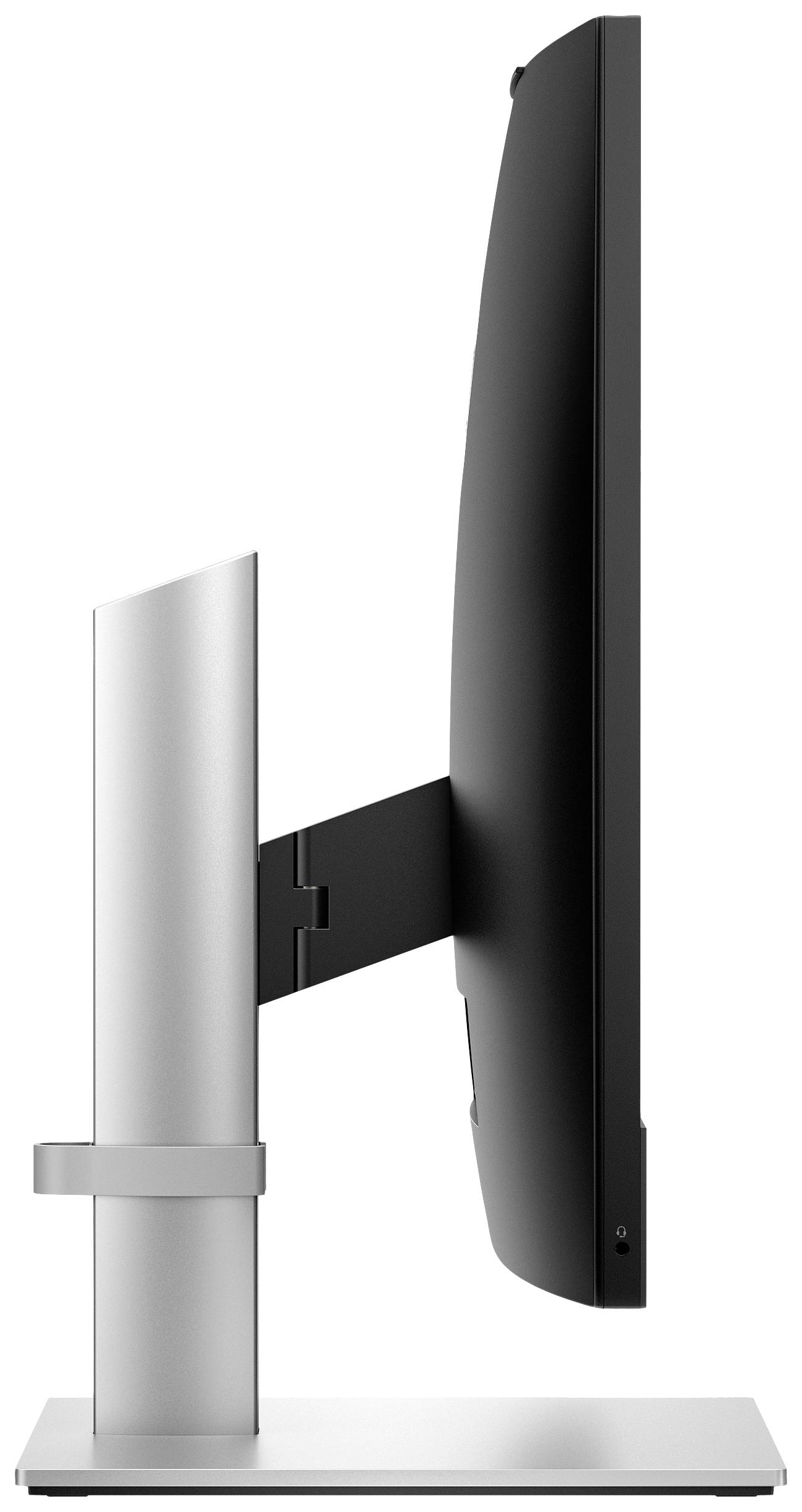 Vista laterale di un monitor per computer sottile e moderno con base di supporto argentata.