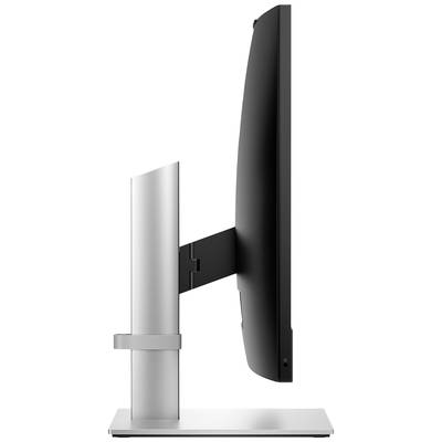 Vista laterale di un monitor per computer sottile e moderno con base di supporto argentata.