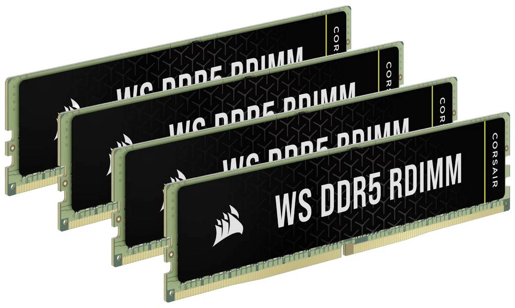 Quattro moduli RAM Corsair, contrassegnati come 'WS DDR5 RDIMM'. Sono disposti in fila e sono destinati all'espansione della memoria del computer.