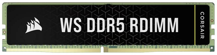 Modulo di memoria con scritta 'WS DDR5 RDIMM' e logo Corsair su sfondo nero.