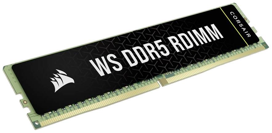 Modulo di memoria DDR5 con involucro nero e scritta 'WS DDR5 RDIMM', logo del marchio in alto a sinistra.