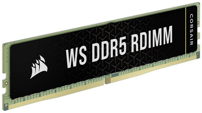 Modulo di memoria per computer con l'iscrizione 'WS DDR5 RDIMM' e il logo del produttore. Modello del marchio Corsair.