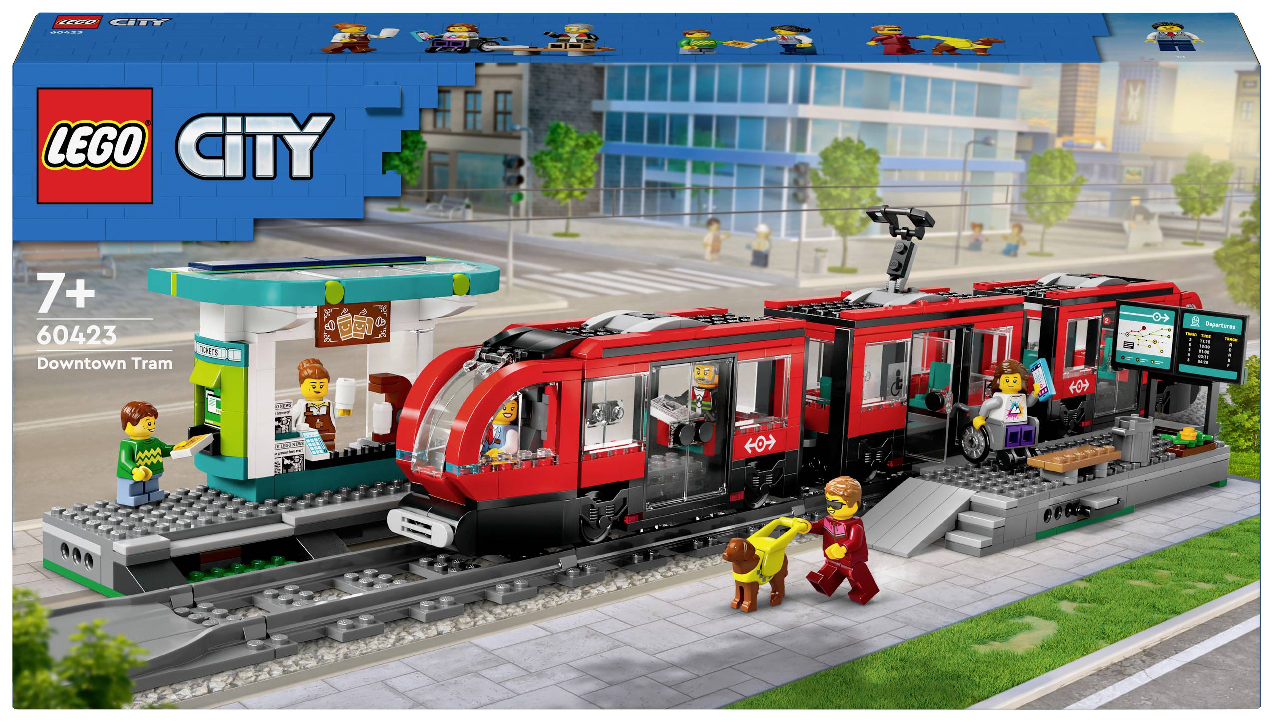 Set "Lego City Tram" con vagone tram rosso, fermata con orario e personaggi. Consigliato dai 7 anni in su.
