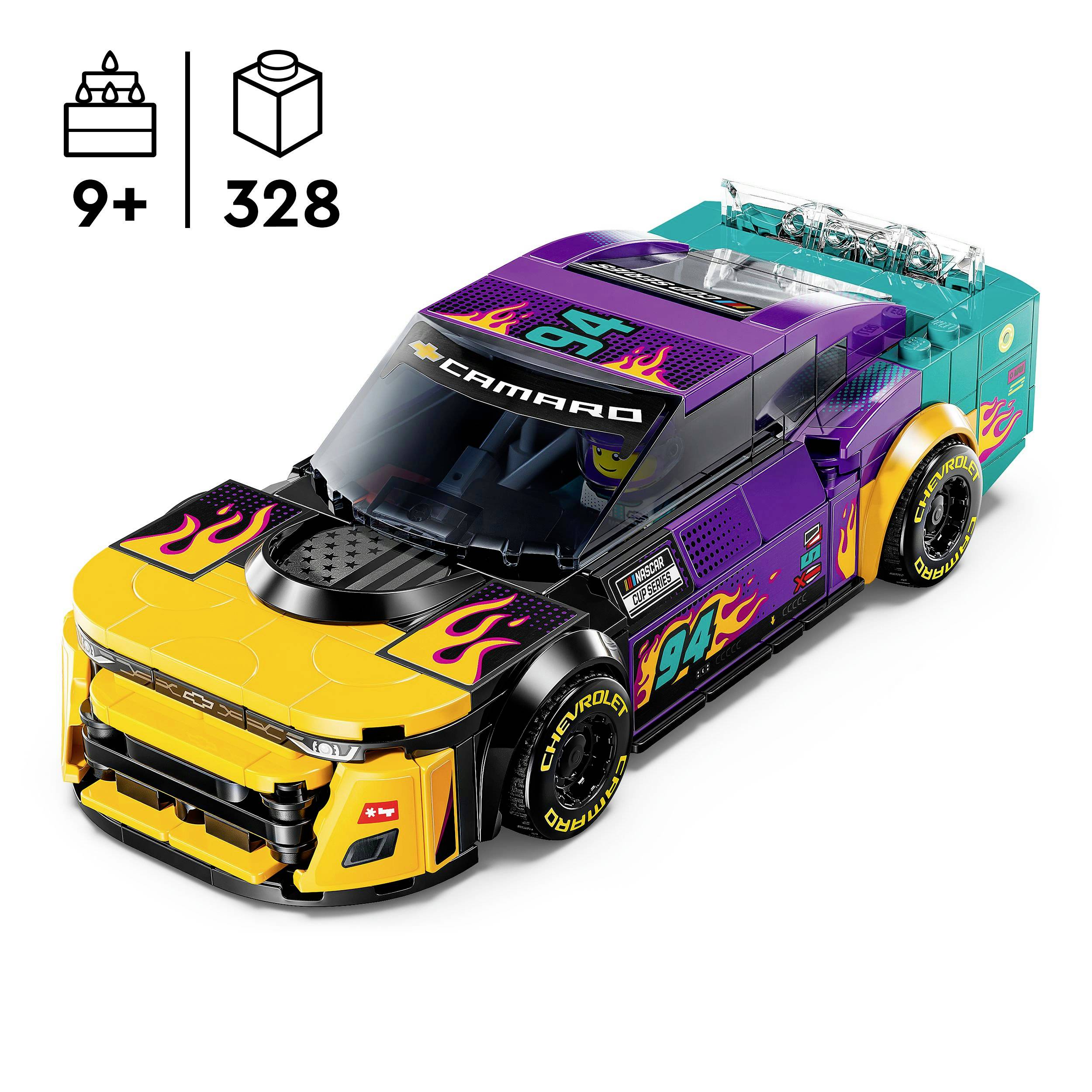 Modellino di auto LEGO in colori vivaci con accessori, adatto a bambini dai 9 anni in su, composto da 328 pezzi.
