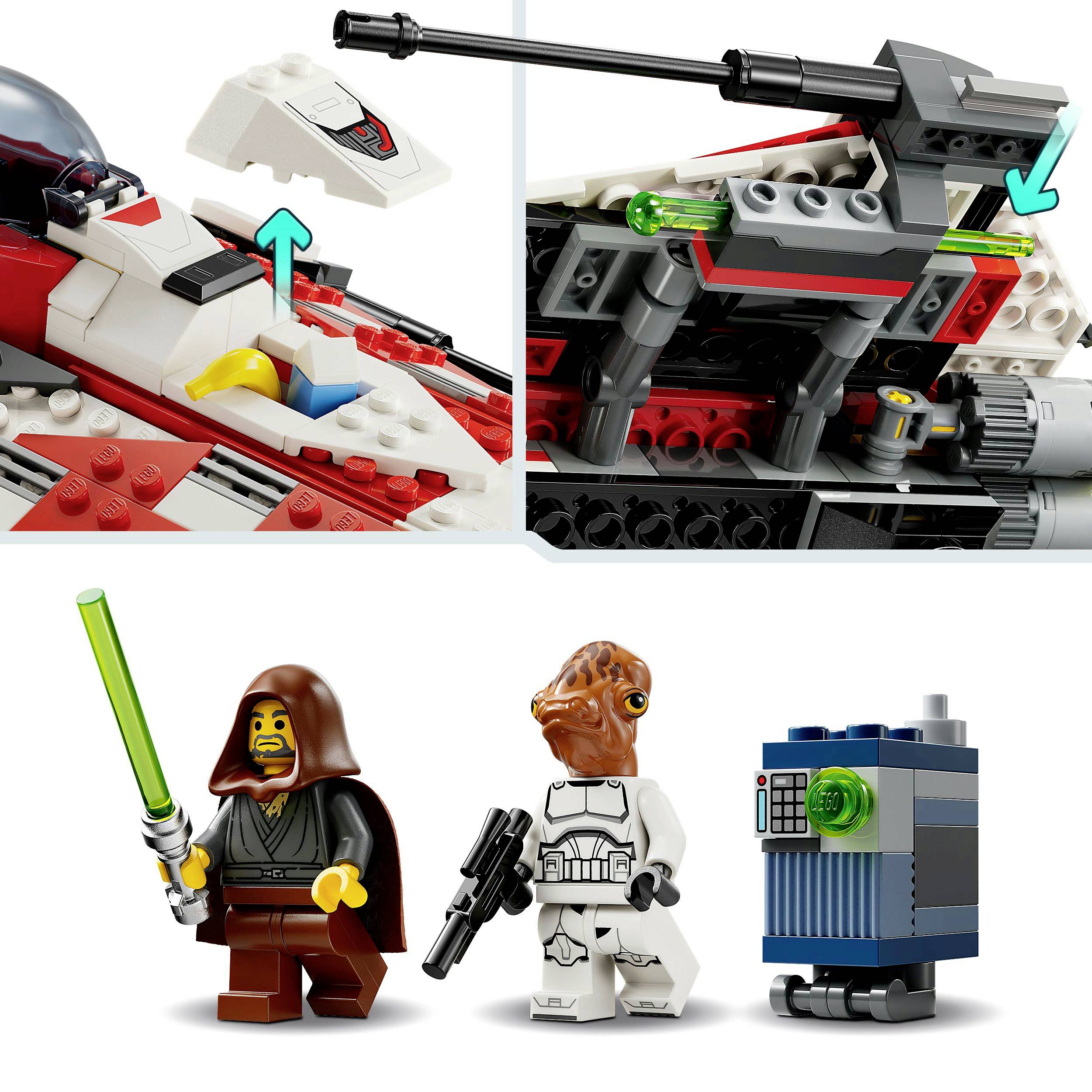 'Set di giocattoli Lego Star Wars con astronave, figure di un pilota con spada laser verde, soldato e droide.'