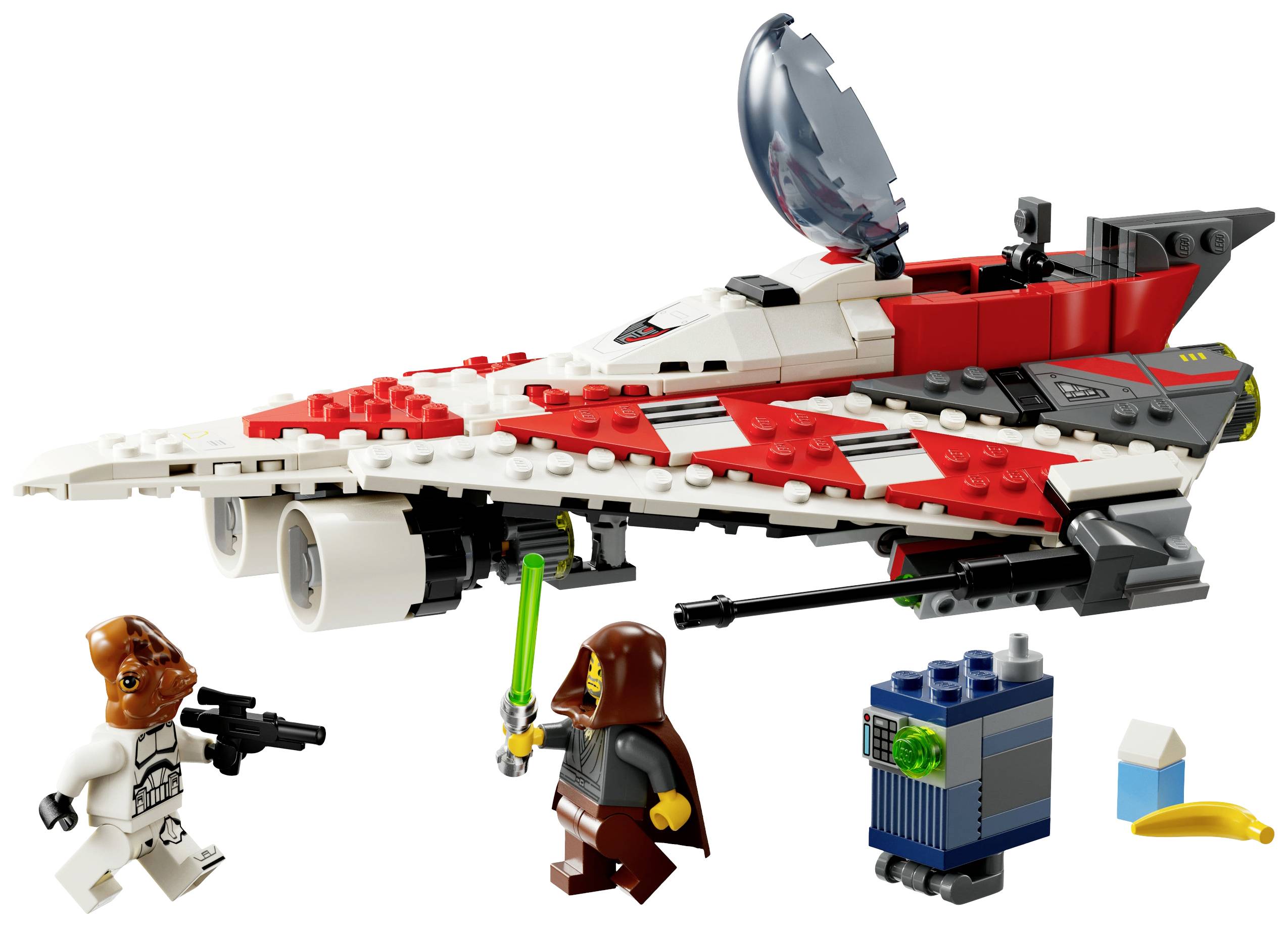 Set LEGO Cacciatore Stellare con astronave, due minifigure di un pilota e un Jedi con spada laser, e un droide.