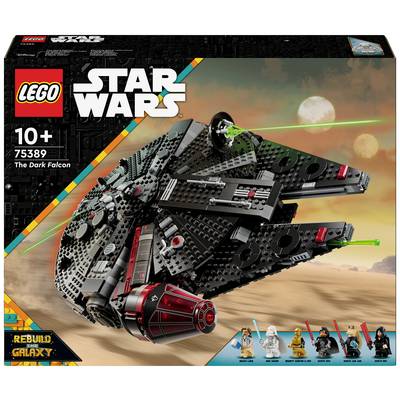 Set Lego 'Star Wars' 75389: Il 'Dark Falcon' nel contesto spaziale, consigliato dai 10 anni in su. La parte anteriore mostra il modello con minieroi.