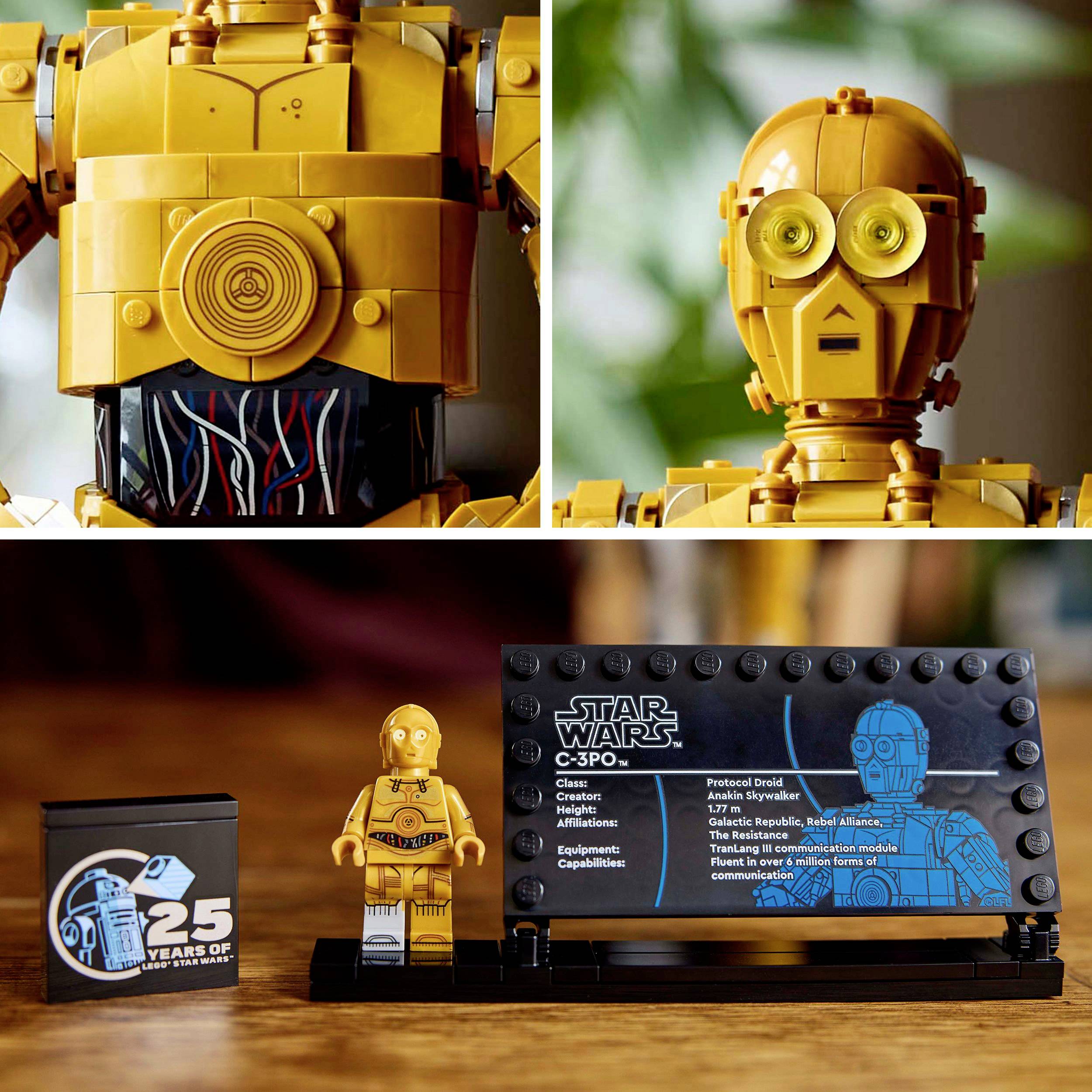 Modello Lego del personaggio di Star Wars C-3PO. Mostra i dettagli del busto, la minimifigura e la targhetta '25 anni' con il testo correlato.