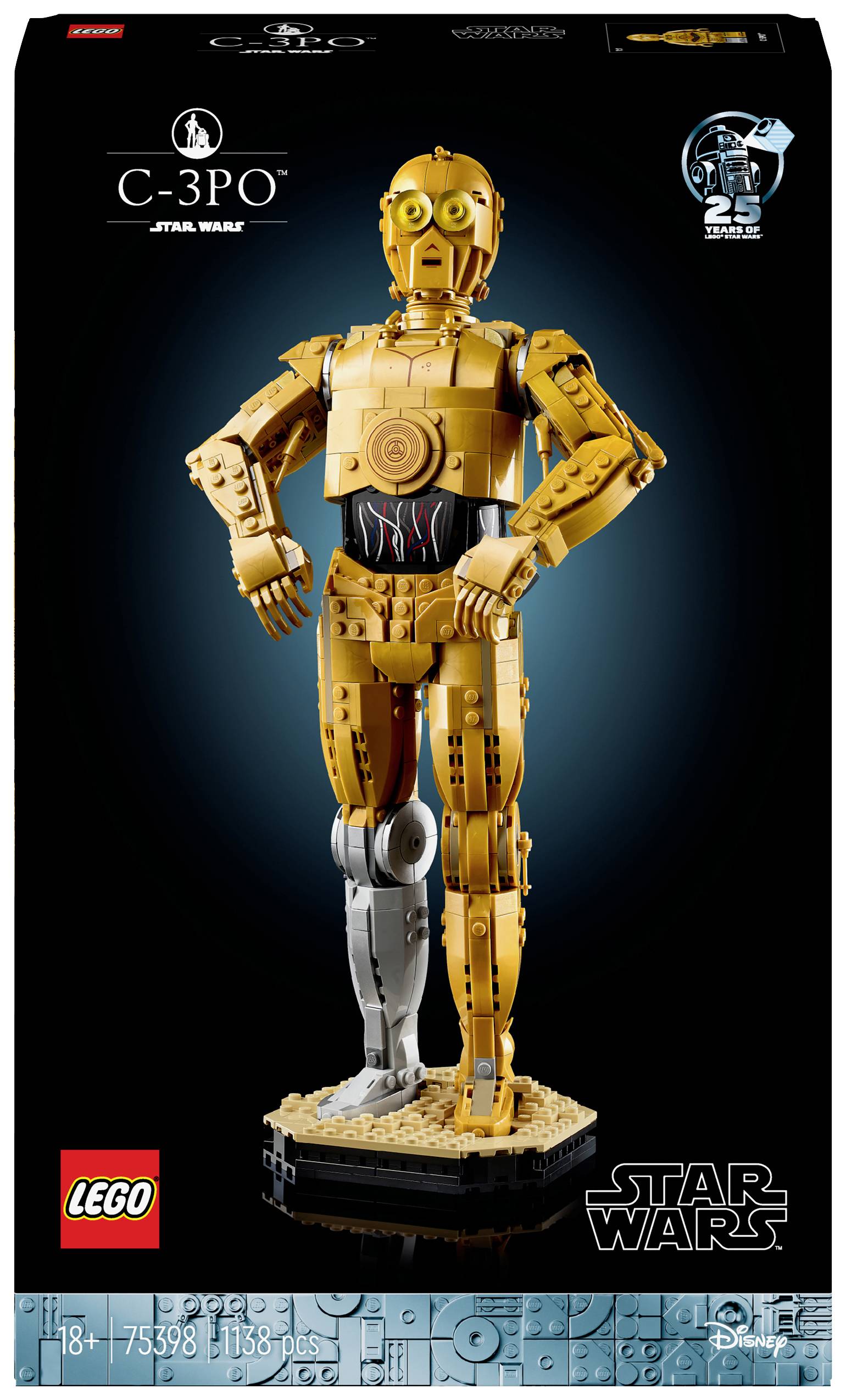 'LEGO Star Wars Set C-3PO' mostra un dettagliato robot C-3PO costruibile. Confezione con indicazione di età 18+ e 1.238 pezzi.