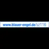 Weblink 'www.blauer-engel.de/uz116' in blu su sfondo bianco.