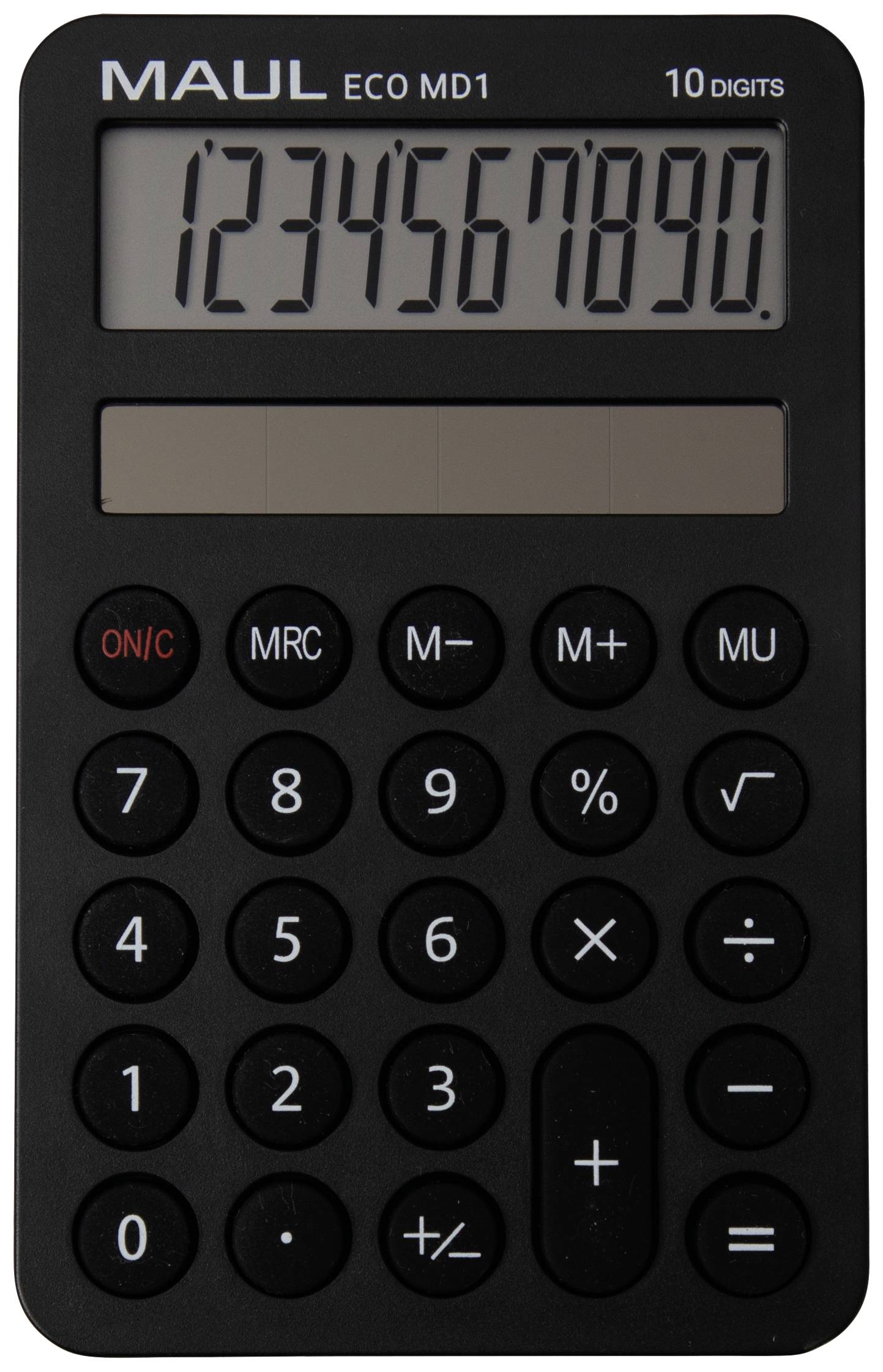 Il calcolatore mostra i numeri '1234567890' sul display. Ci sono tasti per operazioni matematiche di base.