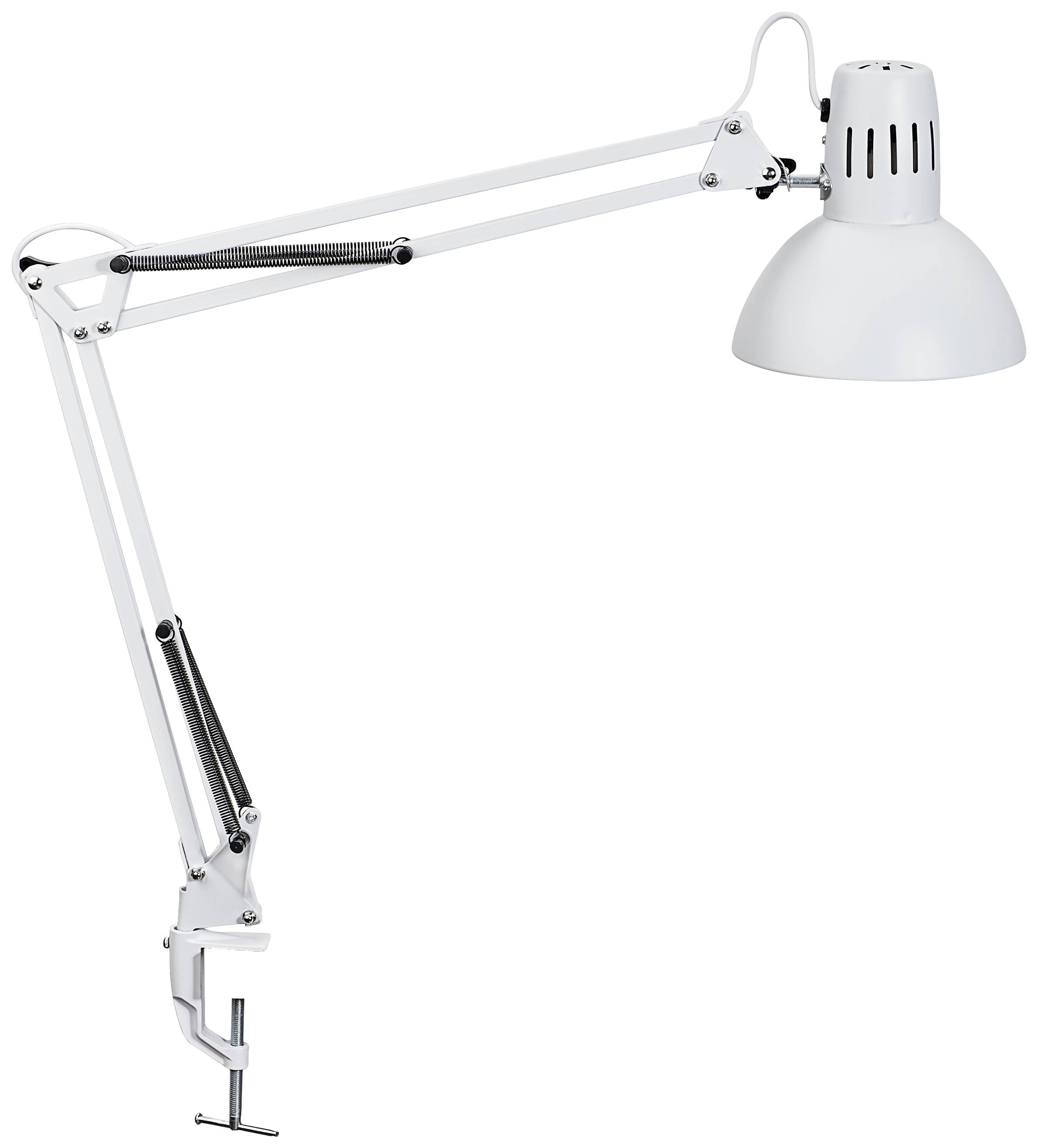 Lampada da scrivania bianca con braccio regolabile e morsetto di fissaggio. Ideale per un'illuminazione precisa durante il lavoro.
