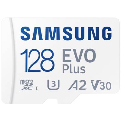Una scheda microSD Samsung da 128 GB EVO Plus con UHS-I, classificazione A2 e V30, adatta per trasferimenti dati veloci e un'elevata capacità di archiviazione.