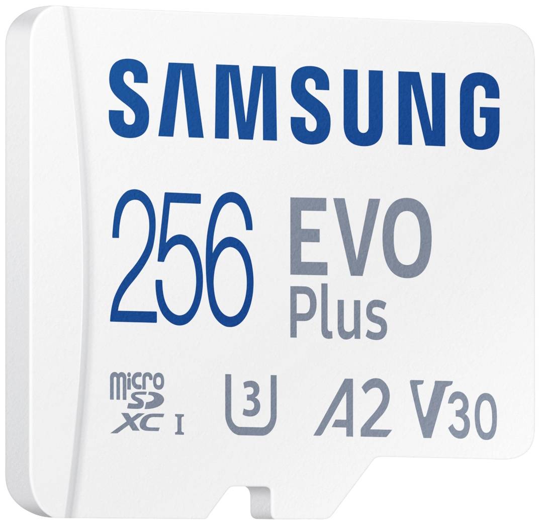Scheda di memoria con la scritta 'Samsung 256 EVO Plus', offre alta velocità, adatta per slot Micro SD e compatibile con UHS-I U3.