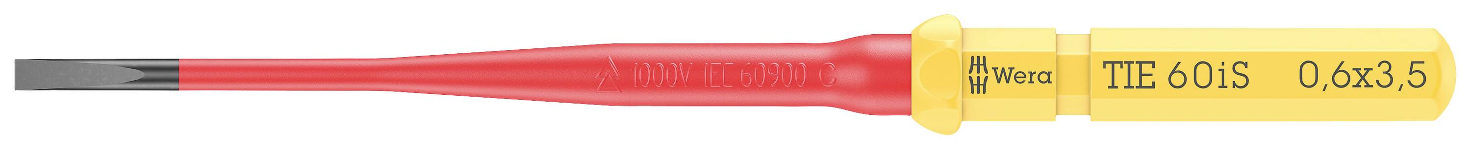 Un cacciavite a taglio isolato con manico rosso e impugnatura gialla, con la scritta 'Wiha 0.6x3.5' sull'impugnatura.