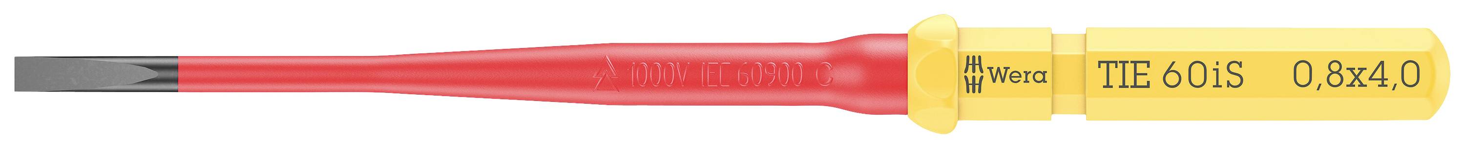 Cacciavite isolato con impugnatura rossa, asta gialla e punta nera, contrassegnato con 'Wiha 860/1 S 0.8x4.0'.