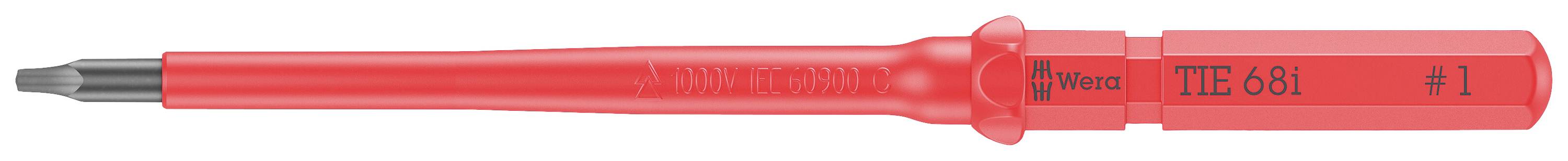 Un cacciavite rosso, isolato, con la scritta 'TTE-681' e una testa a croce. Adatto per l'uso con utensili elettrici.