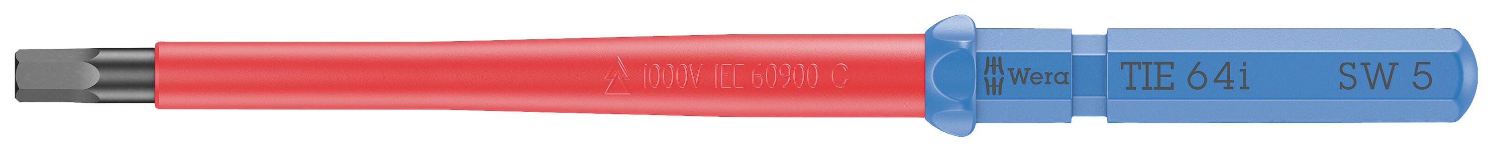 Un cacciavite isolato, rosso e blu, con un'impugnatura esagonale e la marcatura 'TIE 641 SW5', adatto per lavori elettrici.