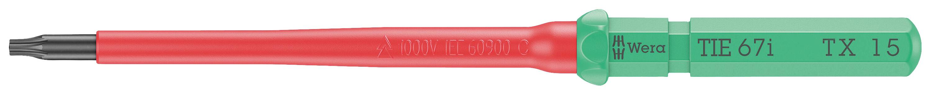 Cacciavite con impugnatura rossa e testa verde, contrassegnato con 'Wiha T15/TX15'. Idoneo per viti Torx T15.