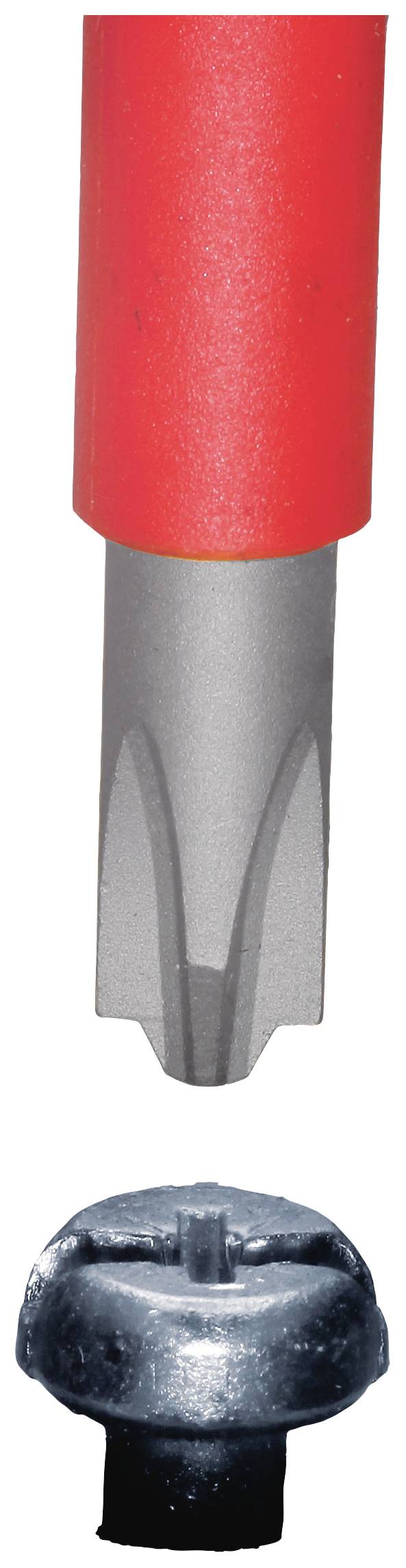 Un cacciavite rosso con testa Torx e una vite corrispondente.