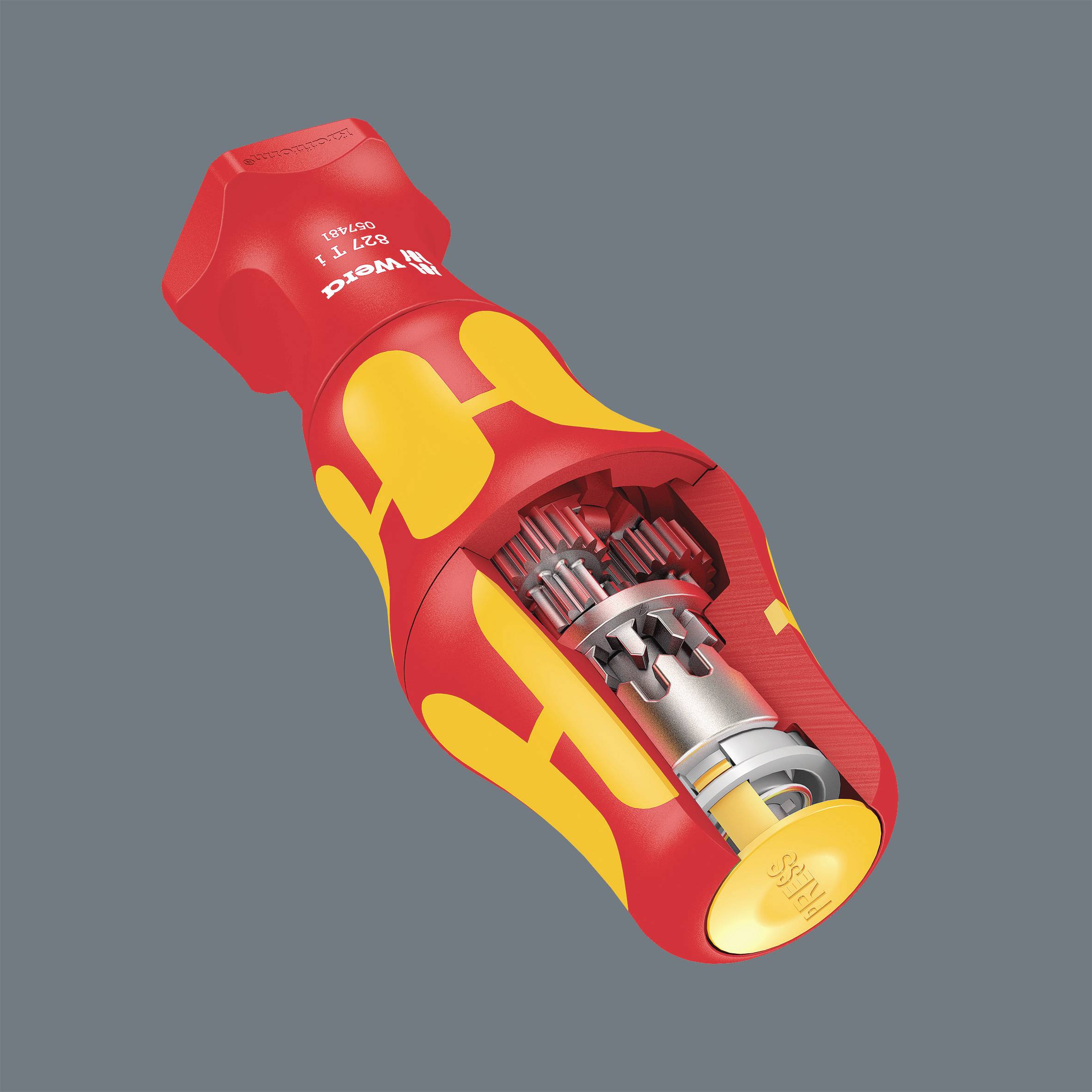 Un cacciavite con impugnatura di design rosso e giallo mostra una sezione trasversale della meccanica interna, compresi ingranaggi e molle.