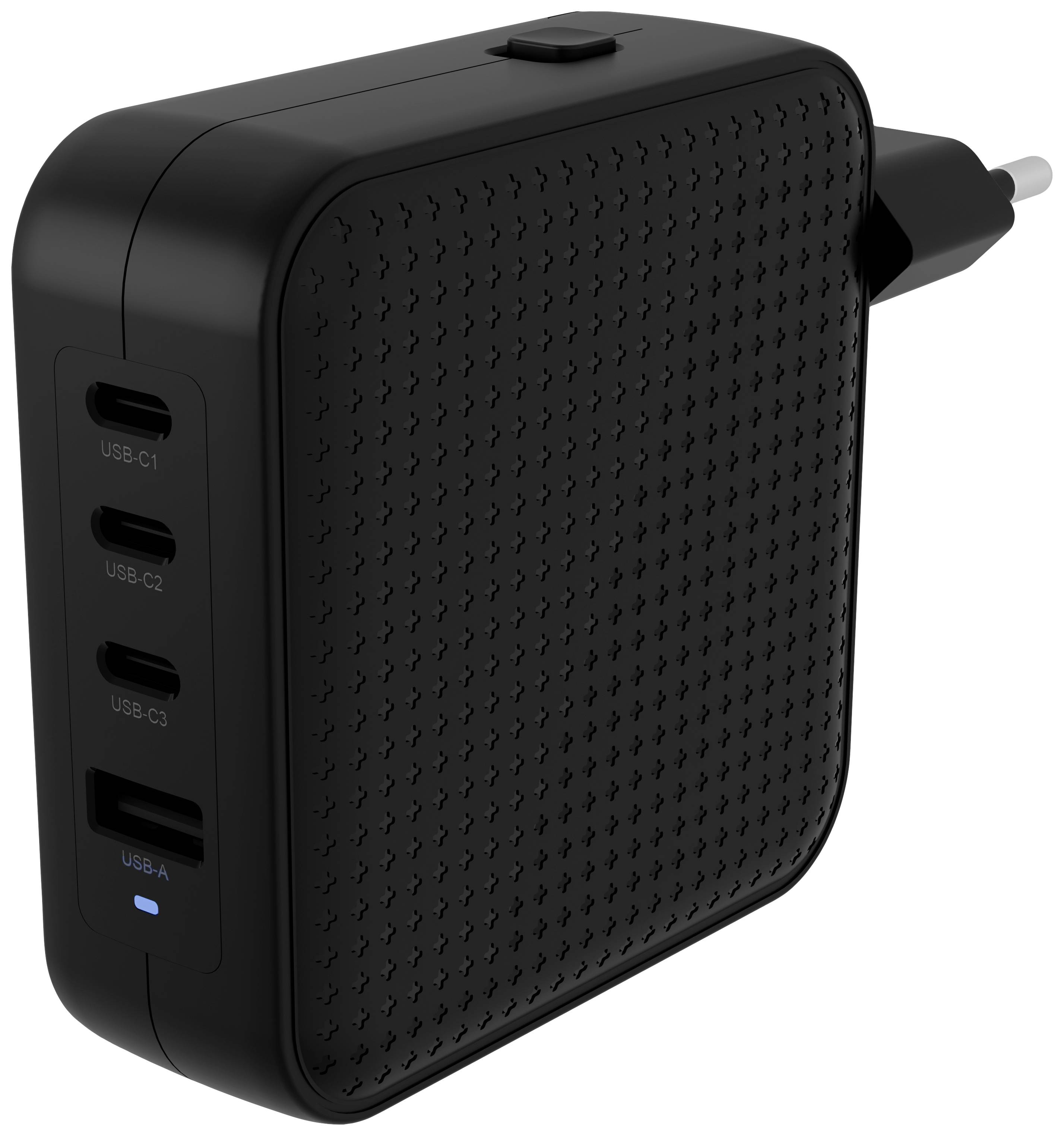 Caricabatterie nero, rettangolare, con tre porte USB-C e una porta USB-A, adatto per la ricarica rapida.