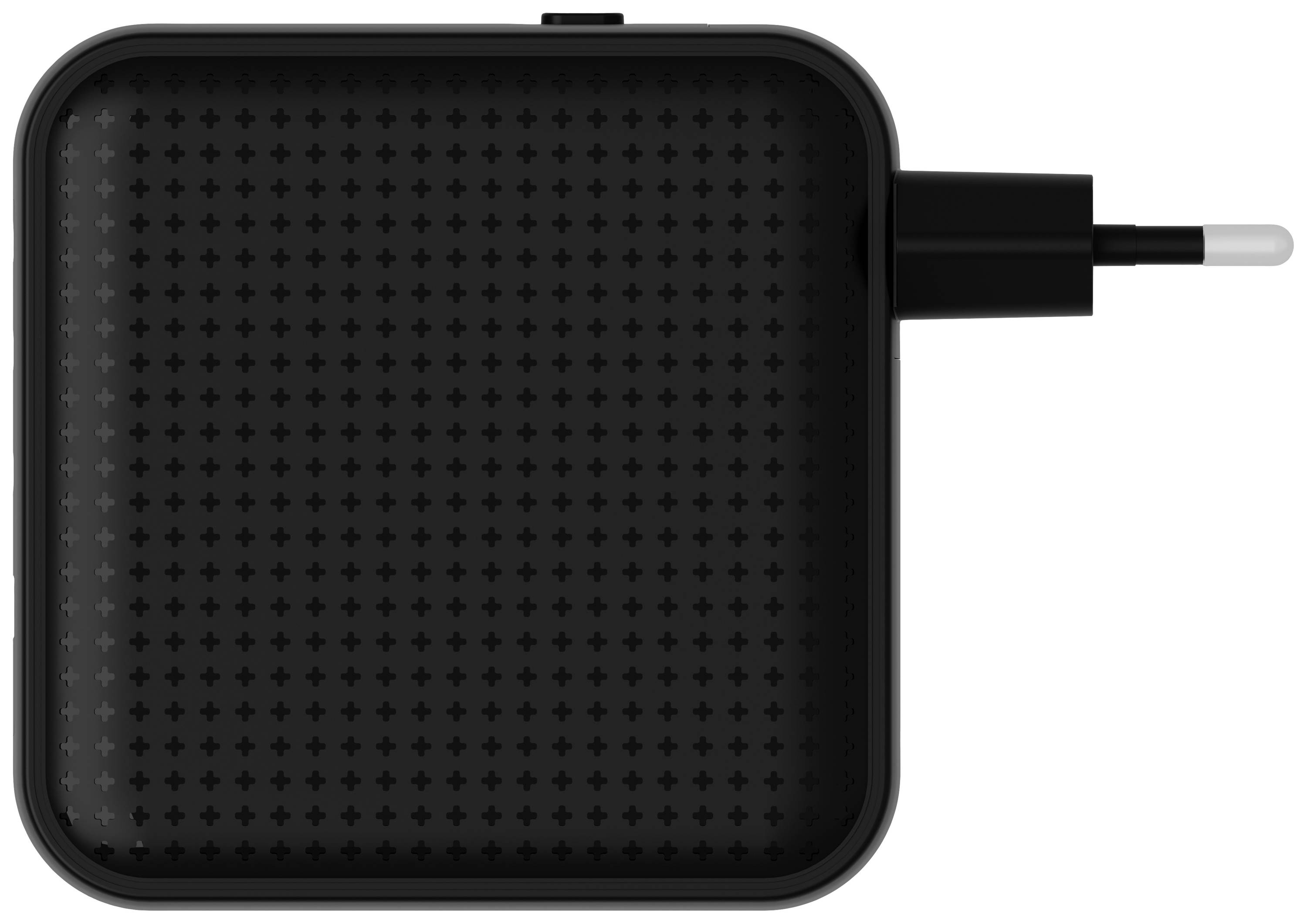 'Caricabatterie nero quadrato in vista dall'alto, con piccoli segni più sulla superficie e un cavo USB collegato.'