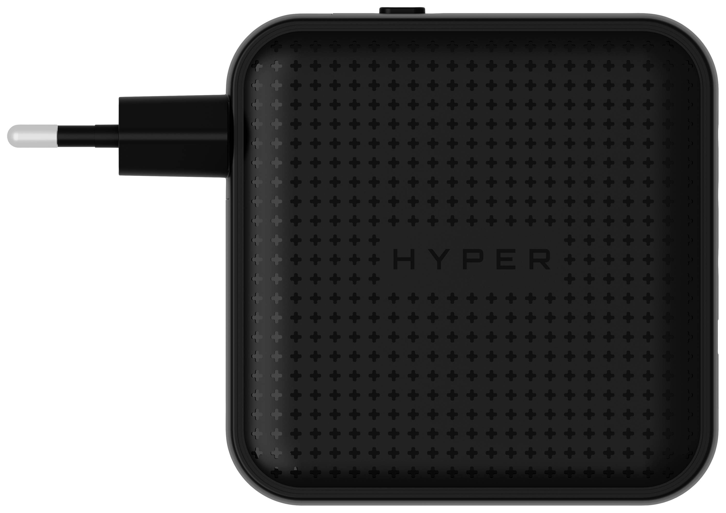 Caricabatterie nero, quadrato, con un connettore USB-C. La superficie ha un motivo a punti e 'HYPER' è inciso.