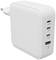 Un caricabatterie bianco con quattro porte, di cui tre USB-C e una USB-A, adatto per la ricarica di più dispositivi.