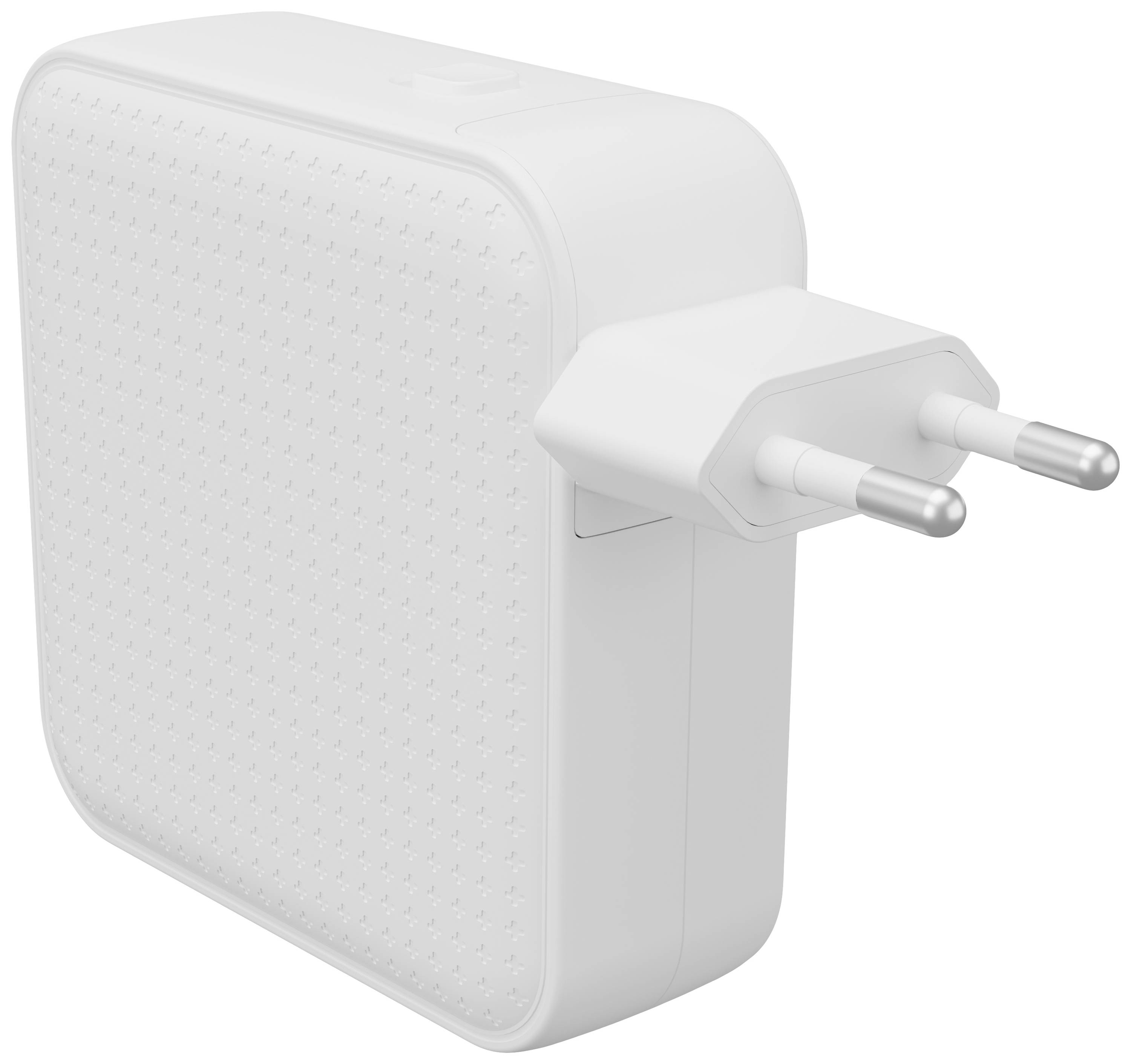 Un alimentatore bianco, quadrato, con spina europea. Ha una superficie strutturata ed è progettato in modo compatto.