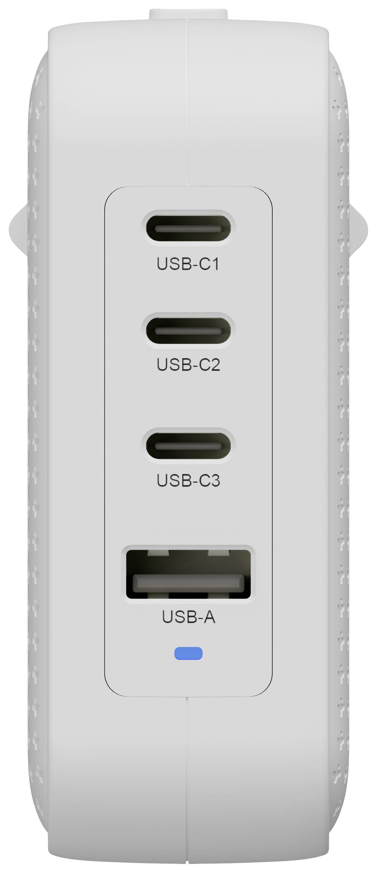 Powerbank bianca con tre porte USB-C e una porta USB-A. Un indicatore blu è illuminato.