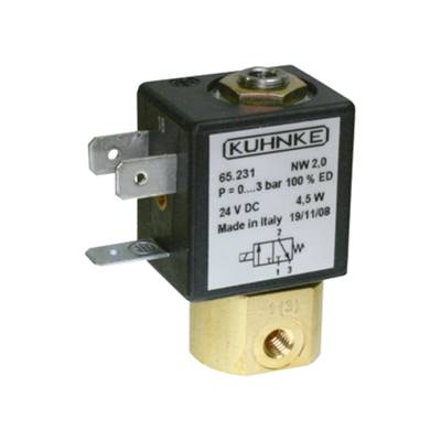 Valvola magnetica 'Kuhnke', Modello 65.231, NW 2.0, 24 V DC, Pressione di esercizio 0-3 bar, Potenza 4,5 W, prodotta in Italia. Adattatore visibile.