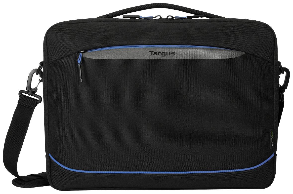 Una borsa nera per laptop con una linea decorativa blu e uno scomparto con cerniera sul davanti. La borsa ha un manico e una tracolla.