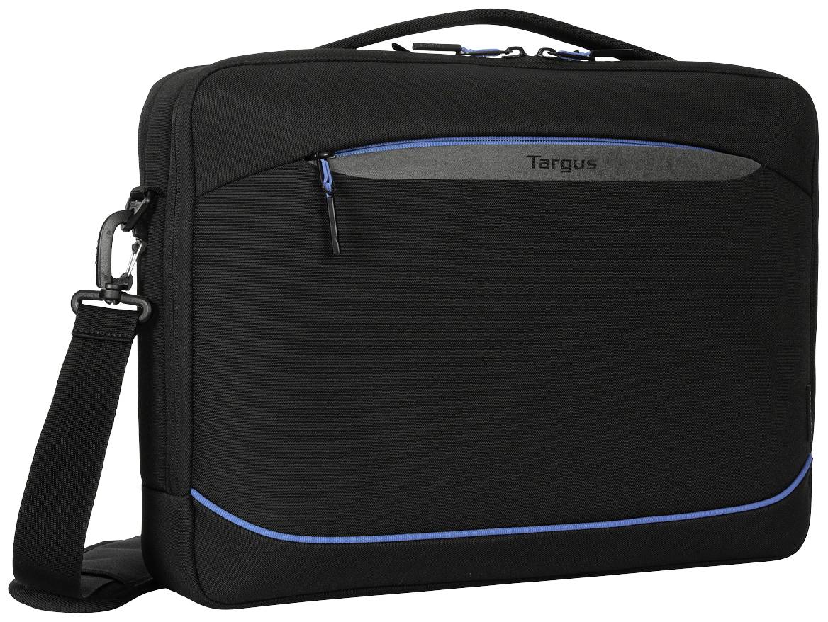 Borsa per laptop nera con accento blu e tracolla, realizzata da Targus.