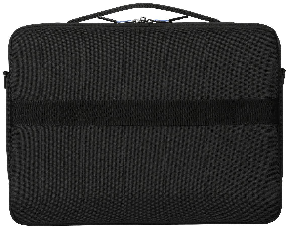 Una borsa nera per laptop con manico, forma rettangolare, con dettaglio di fascia orizzontale sulla parte frontale.