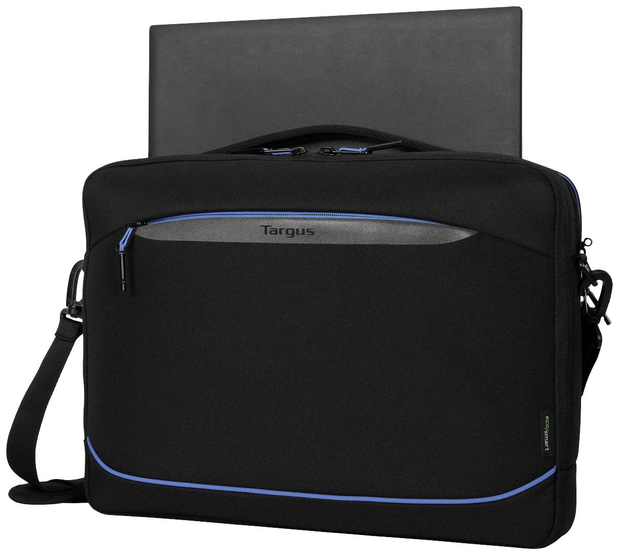 Borsa per laptop nera con dettagli blu e un laptop parzialmente fuoriuscente. Manico e tracolla sono visibili.