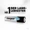 Batteria alcalina con scritto 'Energizer Max Plus'. Testo: 'Il nostro n. 1 tra le batterie alcaline più durature'.