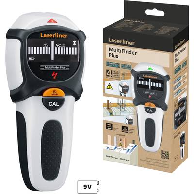 Un rilevatore multifunzione per individuare metalli, legno e linee elettriche. La confezione mostra esempi di utilizzo e funzioni.