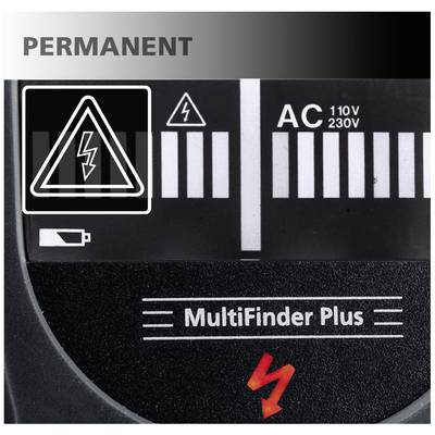 Dispositivo 'MultiFinder Plus' con display per l'intervallo di tensione AC 110V-230V e simbolo di avvertenza per tensione elettrica. Indicatore del livello della batteria in basso.