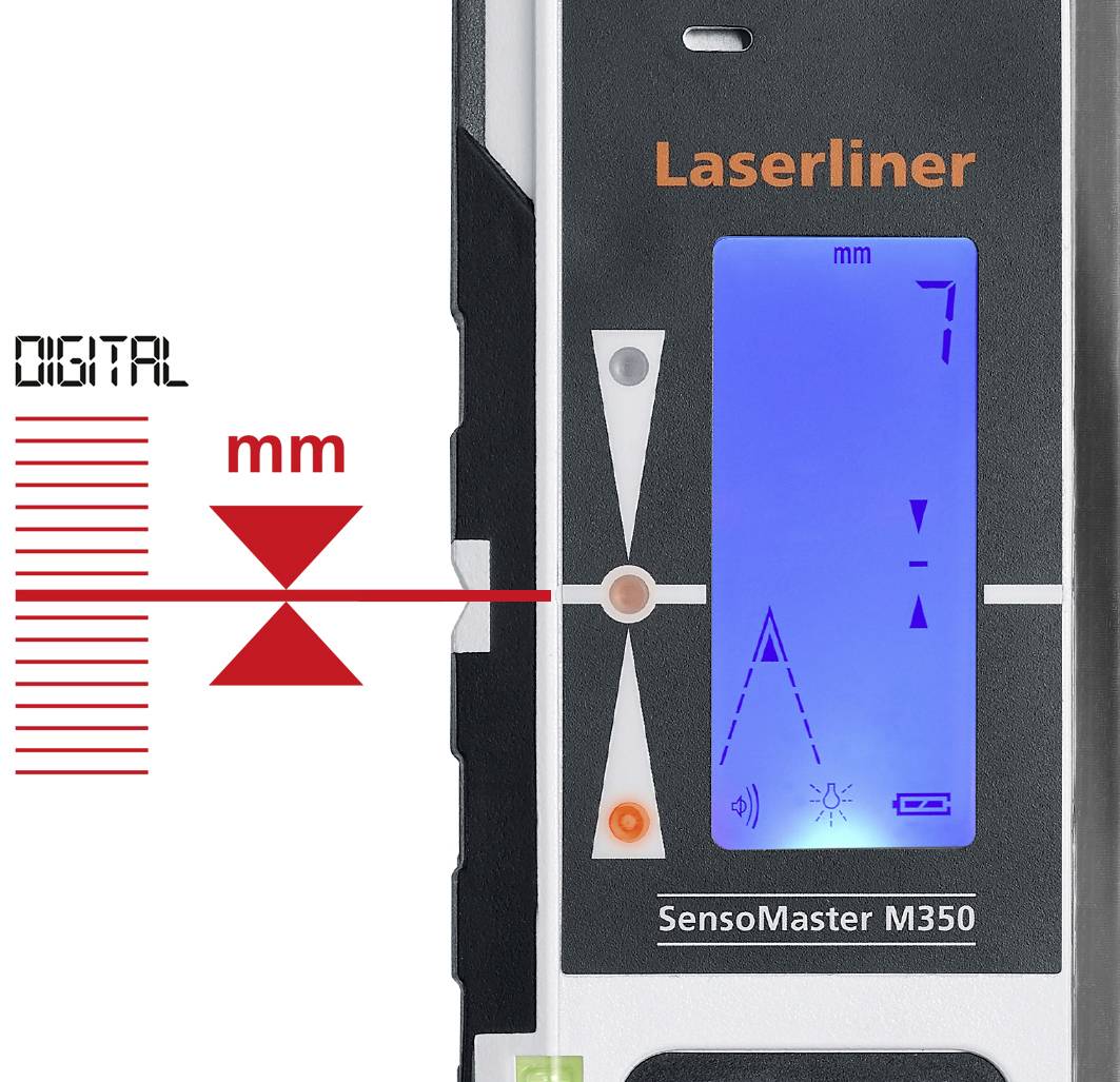Un telemetro laser mostra una misurazione di 7 mm su un display digitale. Marcatura di riferimento in rosso a sinistra.