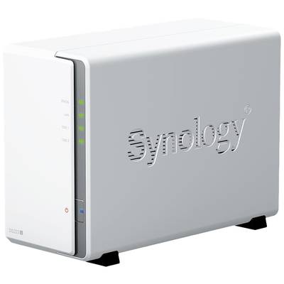 Un dispositivo NAS Synology bianco con diversi LED di stato sul davanti. Offre soluzioni di archiviazione di rete per la gestione dei dati.