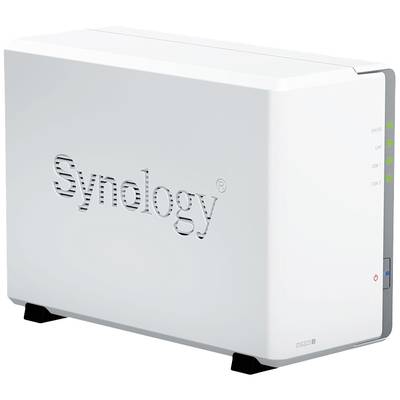 Un server NAS Synology bianco con numero di modello 'DS220j' sul davanti. Sono visibili i LED di stato, LAN e unità.