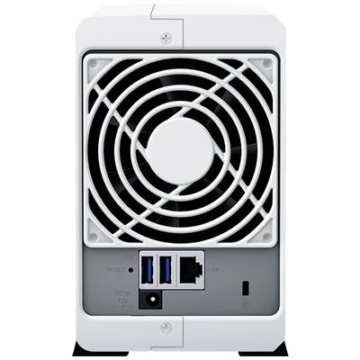 Retro di un dispositivo NAS bianco con griglia di ventilazione, porte USB, porta Ethernet e connessione di alimentazione.
