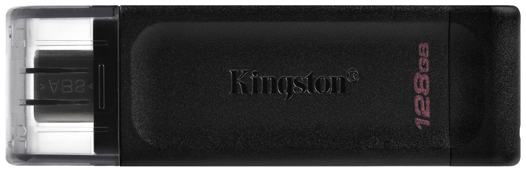 Una chiavetta USB con custodia nera e capacità di 128 GB. Il marchio 'Kingston' è stampato sopra.
