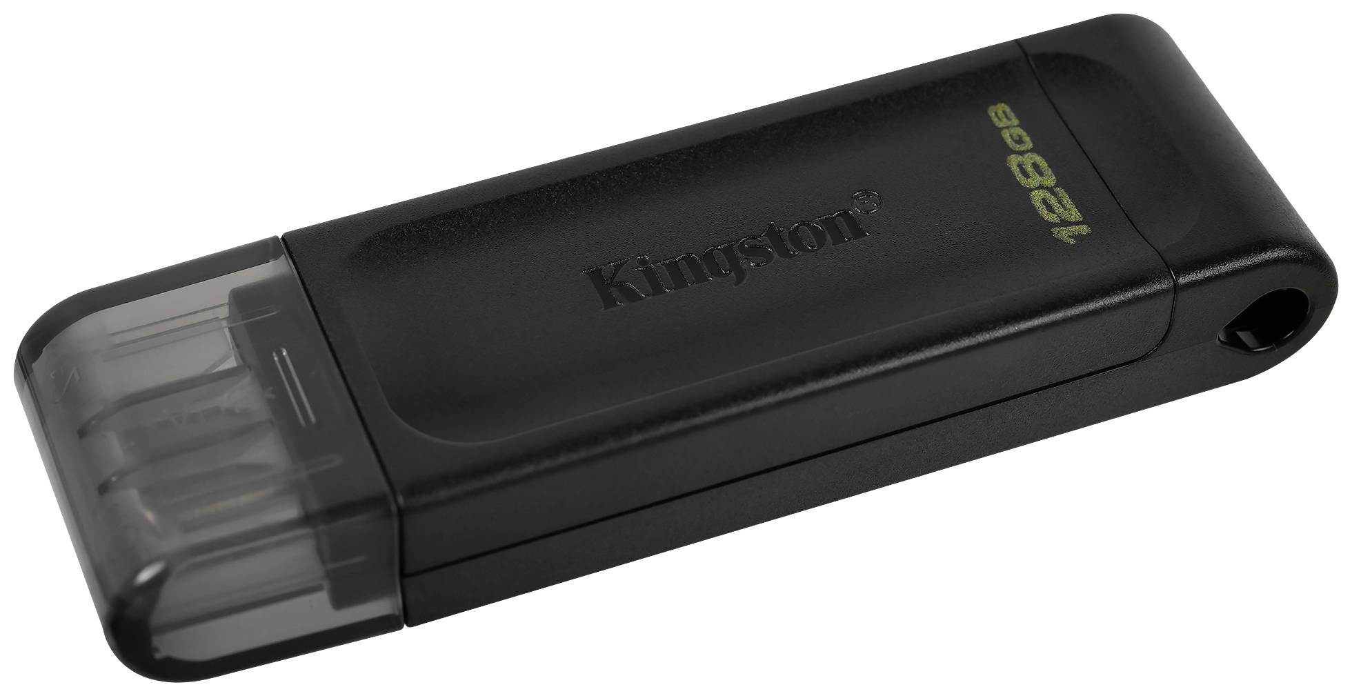 Una chiavetta USB nera con cappuccio trasparente, con il marchio 'Kingston' e la capacità '128GB' visibili.
