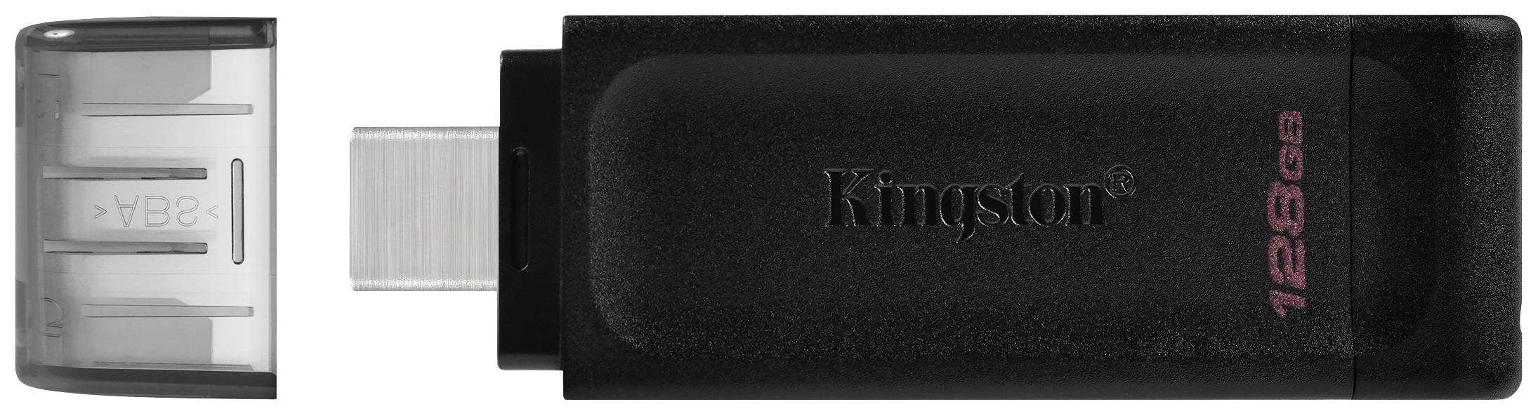 Una chiavetta USB nera con cappuccio di protezione rimovibile, sul quale è scritto '128 GB' in caratteri rossi. Appartiene al marchio Kingston.