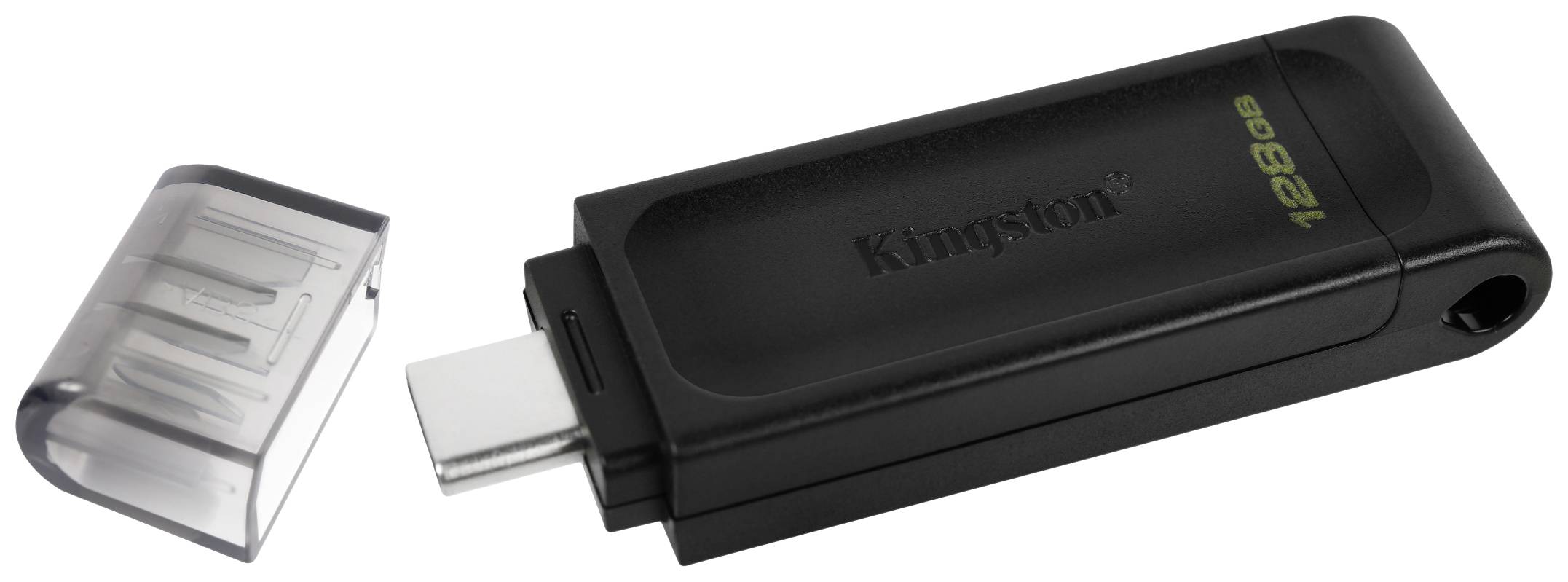 Una chiavetta USB nera con il coperchio rimosso, che mostra un attacco argentato. Sulla chiavetta è scritto '128 GB'.