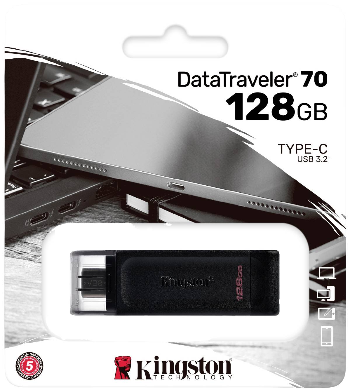 Confezione per chiavetta USB 'DataTraveler 70', 128 GB, Type-C, USB 3.2. Mostra la chiavetta USB e le porte di connessione. Marca Kingston.