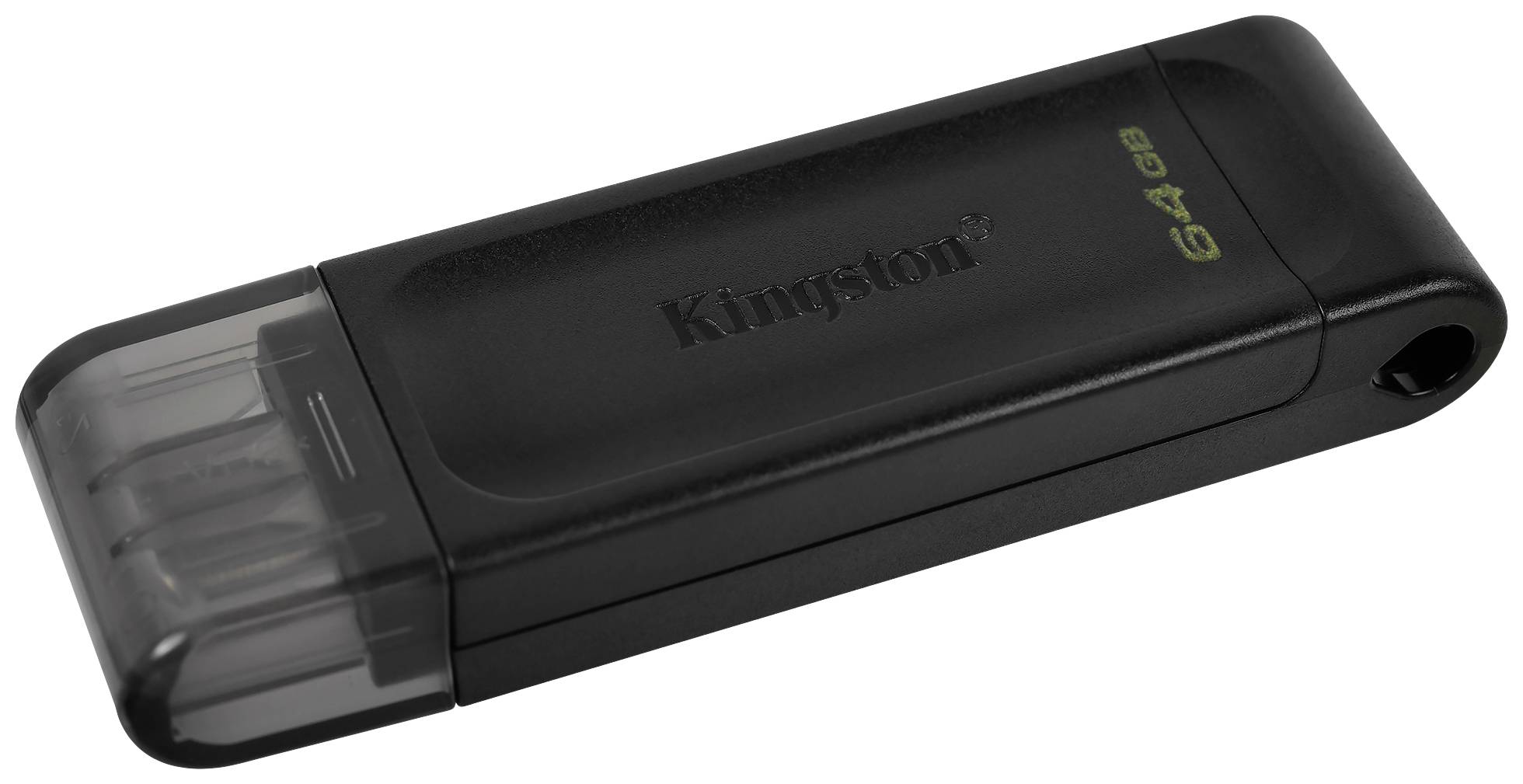 Una chiavetta USB nera con la scritta 'Kingston' e '64 GB', idonea per l'archiviazione e il trasferimento di dati.