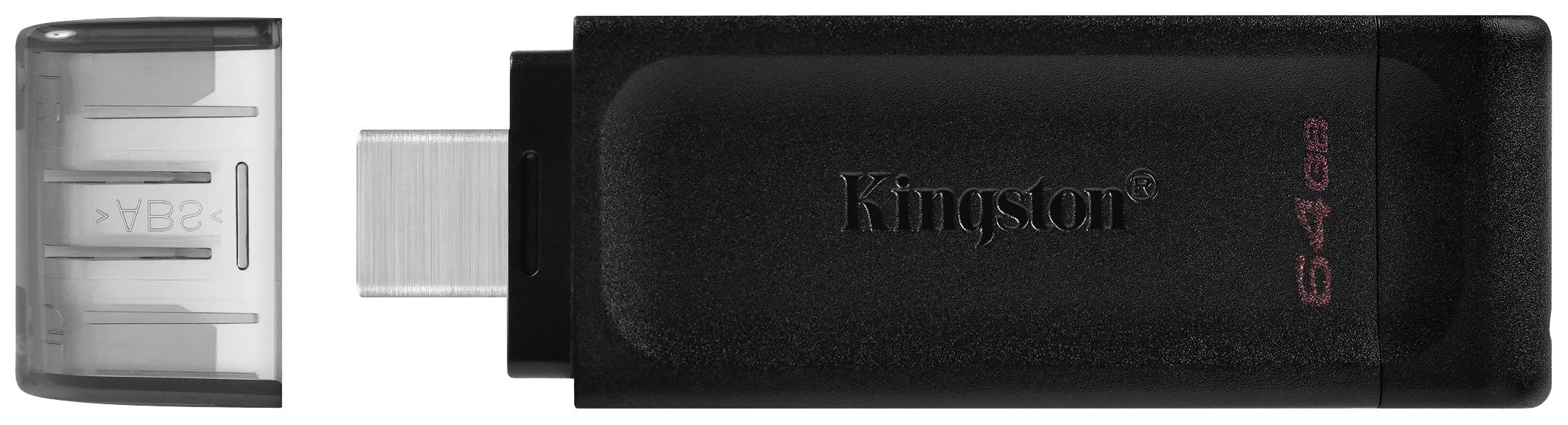 Chiavetta USB nera Kingston da 64 GB, raffigurata con il cappuccio di protezione rimosso.